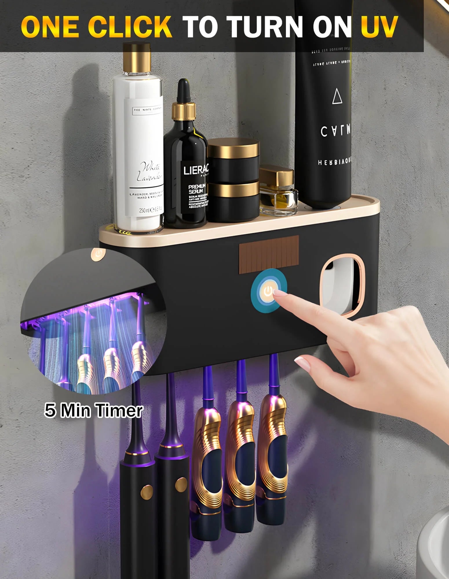 Toothbrush Holders for Bathrooms, UV Toothbrush Sanitizer Wall Mounted with Toothpaste Dispenser, Large Capacity Tray, Tooth Brushing Holder & Bathroom Accessories
