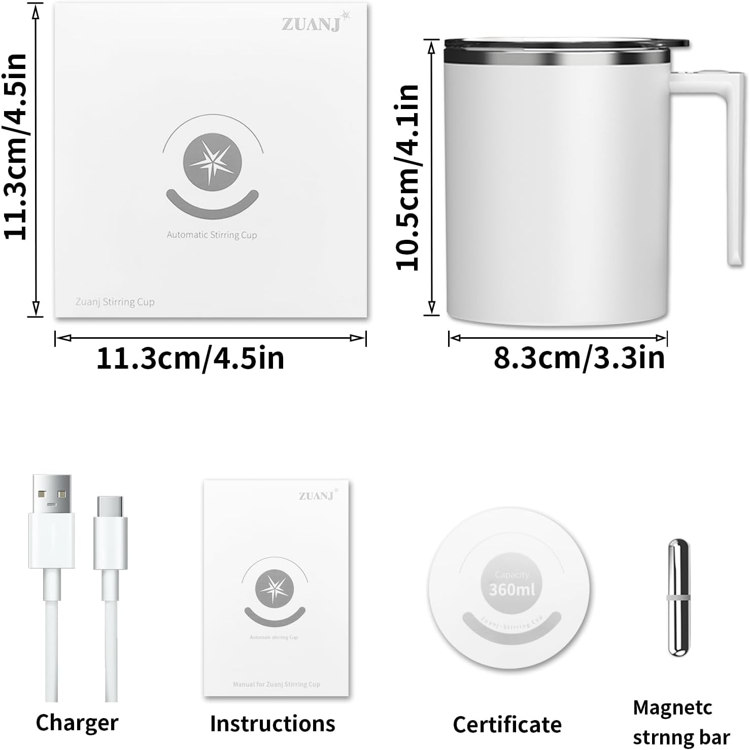 Self Stirring Coffee Mug, 12.2 Oz Electric Mixing Cup with Magnetic Stirrer & Anti-Sedimentation, Rechargeable Travel Mug for Coffee, Milk, Hot Cocoa (White)