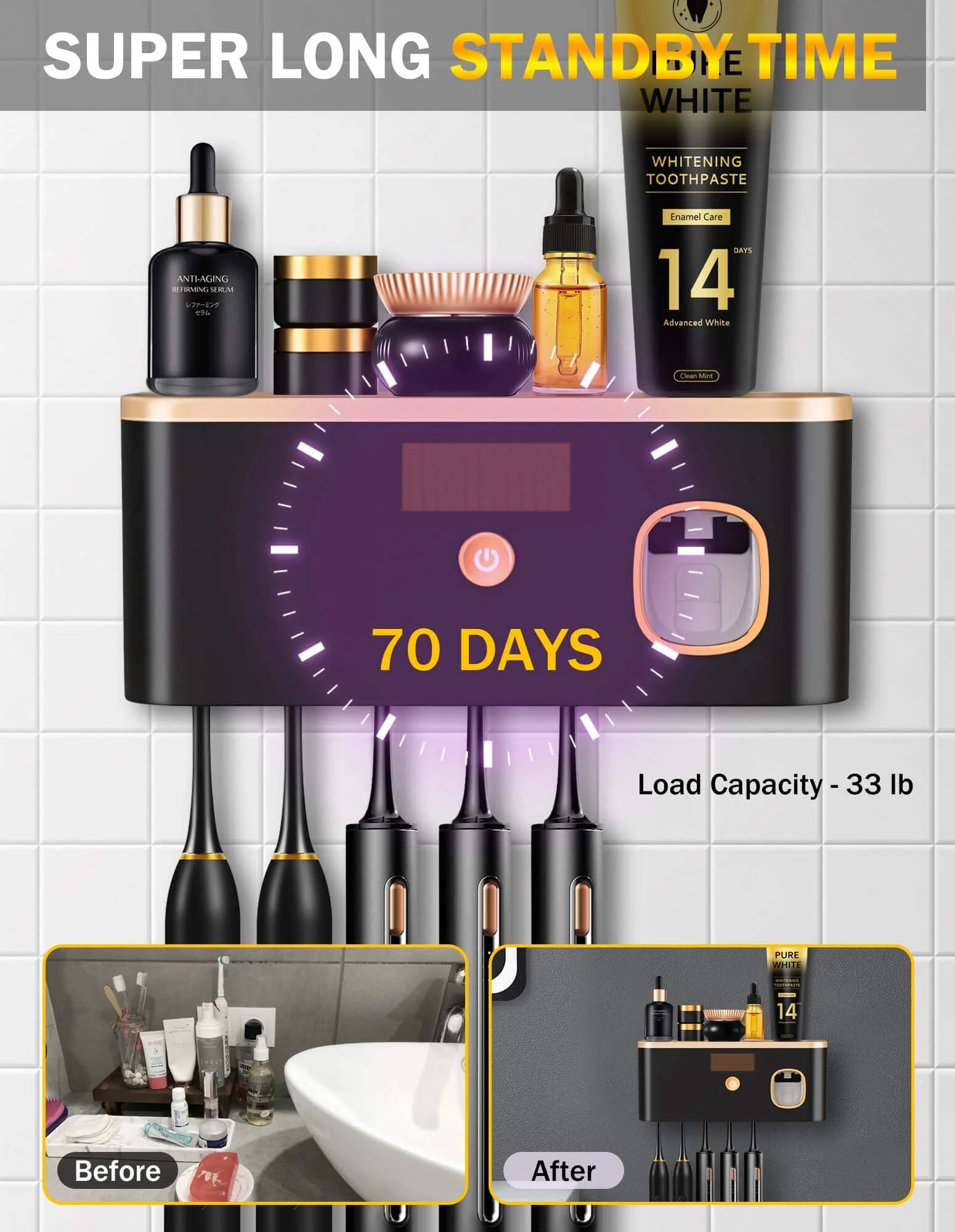 Toothbrush Holders for Bathrooms, UV Toothbrush Sanitizer Wall Mounted with Toothpaste Dispenser, Large Capacity Tray, Tooth Brushing Holder & Bathroom Accessories